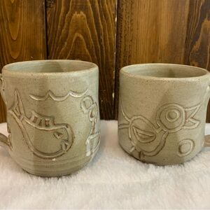 Artisan Stoneware Mugs with Animal Motifs-Handmade-One of a Kind Set of Two
